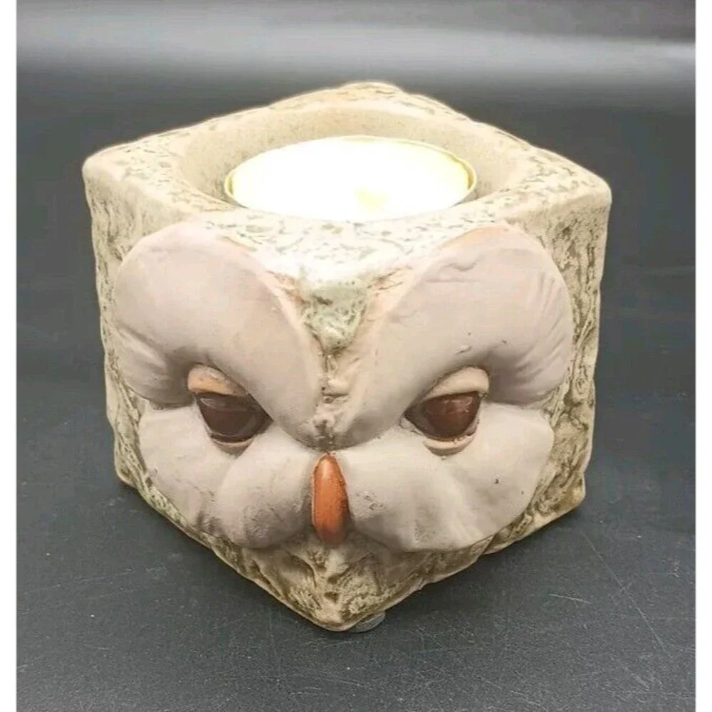 Vtg Owl Tea light Holder Ceramic Square